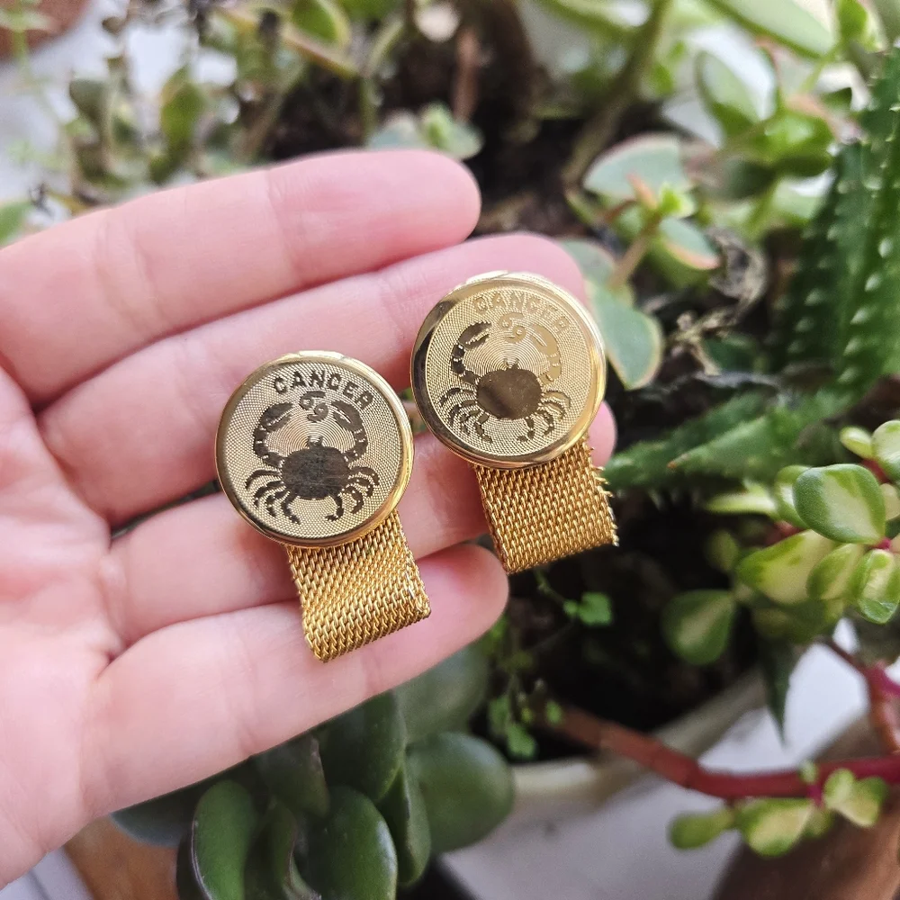 Vintage Gold Zodiac Cancer Astrological Crab Round Cuff Links